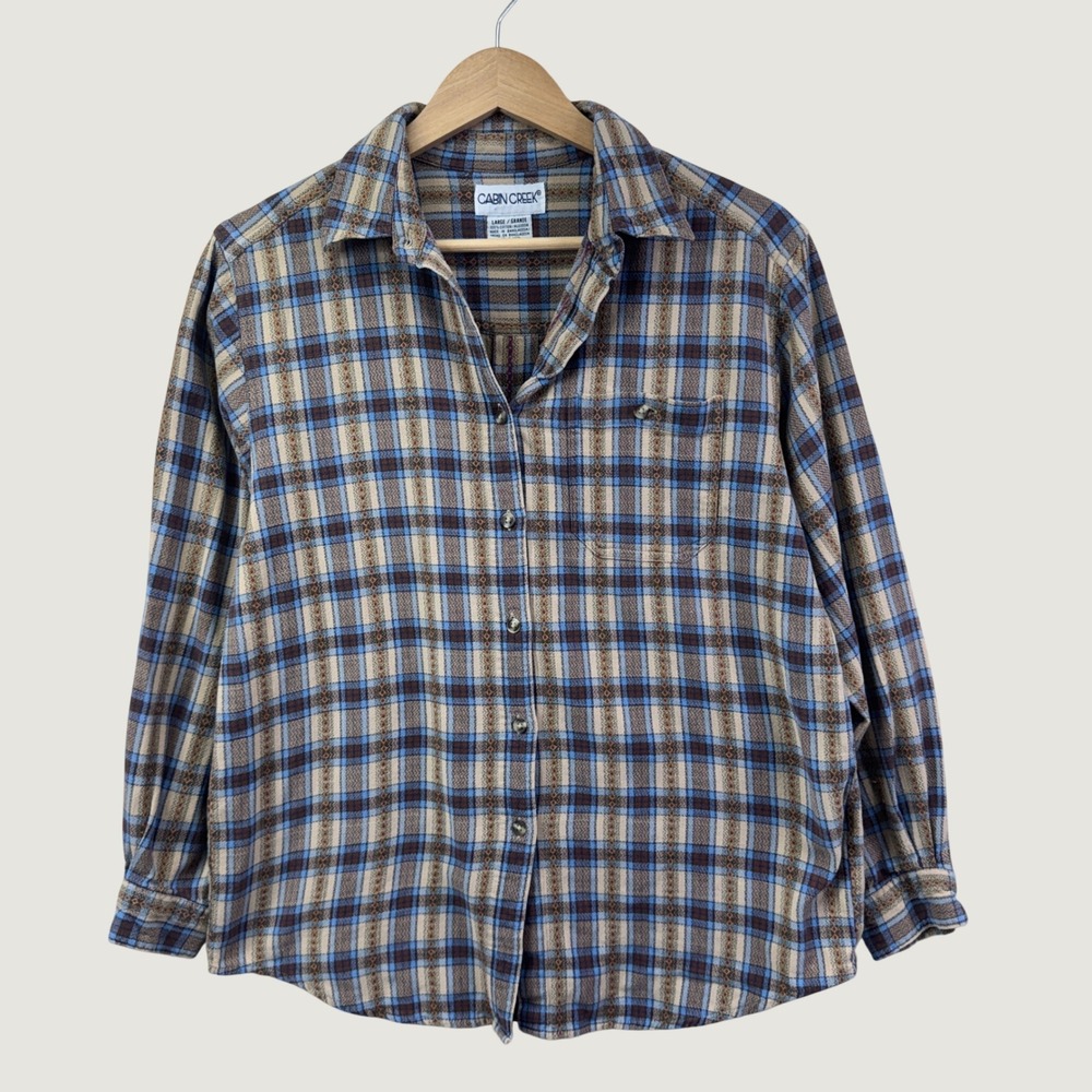 Cabin Creek Flannel Shirt Womens L Blue Brown Plaid Cotton Button Down Outdoors